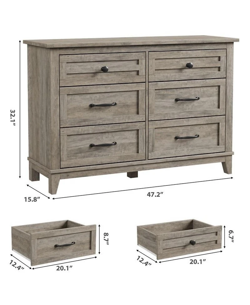 gaomon 6-Drawer Modern Wooden Dresser, 47" Wide Storage Chest, Freestanding Closet Organizer for Bedroom