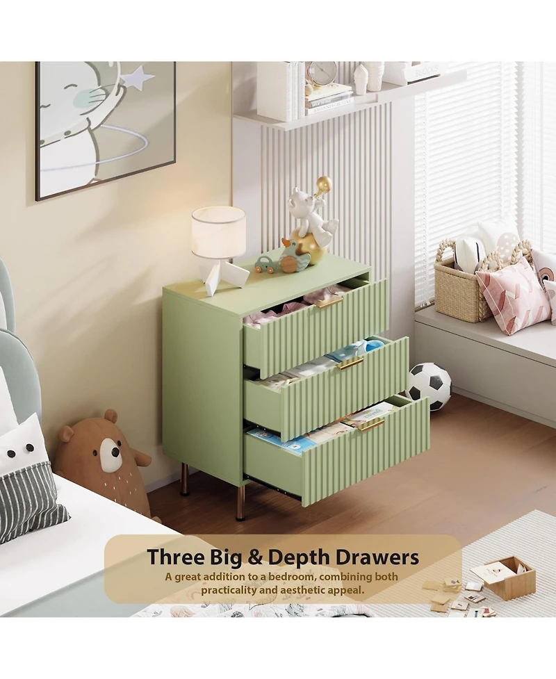 gaomon 3-Drawer Modern Fluted Green Dresser, Stylish Nightstand with Deep Drawers, Wide Top, Organizer for Bedroom