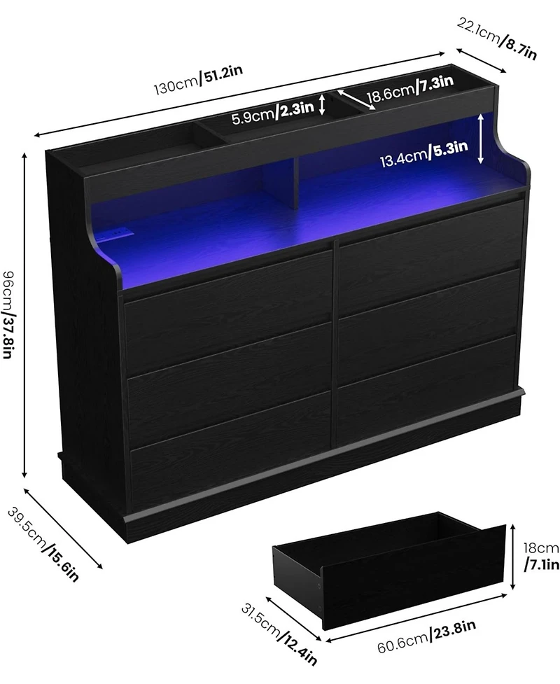 gaomon 6-Drawer Black Dresser with Led Lights, Charging Station, Wide Chest, Modern Large Capacity Storage for Living Room, Hallway