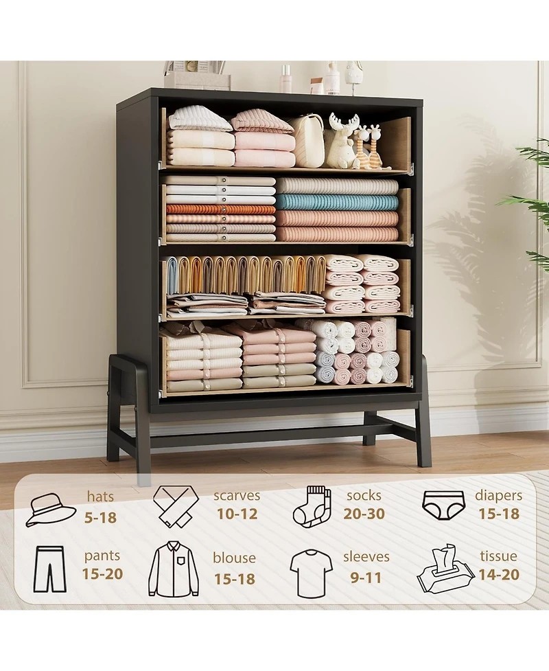 gaomon 4 Drawer Black Polished Engineered Wood Dresser, Chic Cabinet Legs, Waterproof Top, Anti-Tip, Modern Bedroom