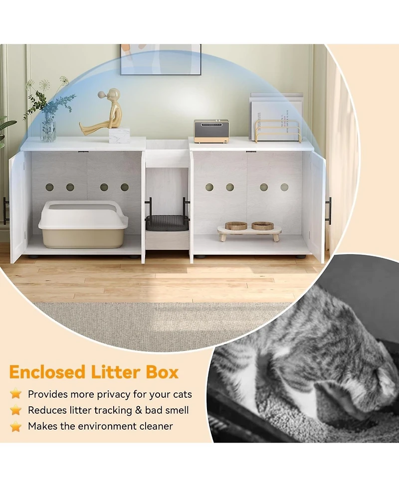 gaomon Double Room Cat Litter Cabinet, Stylish Storage Litter Box Enclosure for Two Cats, Cat Mat, Organizer, White