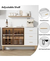 gaomon Fluted Sideboard Buffet Cabinet with Glass Doors, 3 Drawers, Marble Top, Kitchen & Dining Room, White