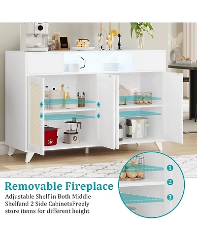 gaomon Rattan Sideboard Buffet Cabinet, 4 Doors 2 Drawers, Power Outlet, Led Lighting, Dining Room, Living Room