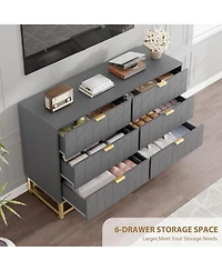 gaomon 47.2 Inch Grey 6-Drawer Modern Dresser, Wide Chest, Gold Metal Legs & Handles, Storage for Bedroom, Living Room, Hallway
