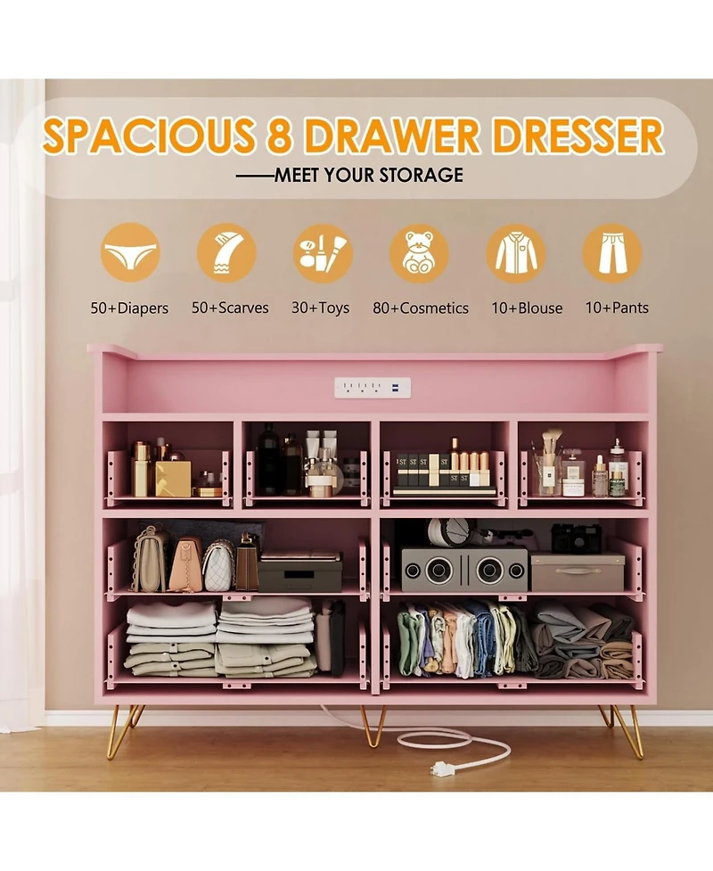 gaomon 8-Drawer Modern Led Light & Charging Station, Wooden Chest, Open Shelf Dresser