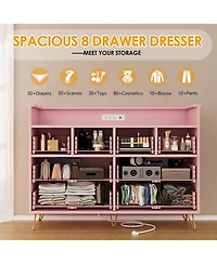 gaomon 8-Drawer Modern Led Light & Charging Station, Wooden Chest, Open Shelf Dresser