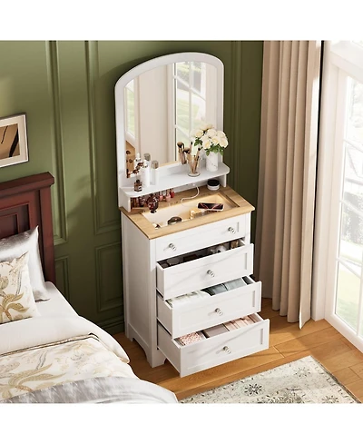 gaomon 4-Drawer Charge Station, Led Strip, Crystal Knobs, Modern Vanity Cabinet Dresser with Mirror