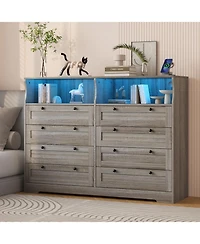 gaomon 8-Drawer Wood Dresser with Charging Station & Led Lights, Modern Storage Chest for Bedroom, Living Room, Hallway