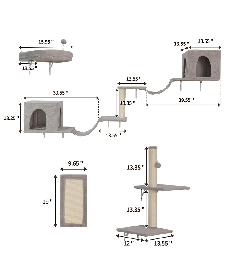 Aostirmotor Wall-mounted Cat Tree With 2 Cat Condos House, 3 Cat Wall Shelves in Beige