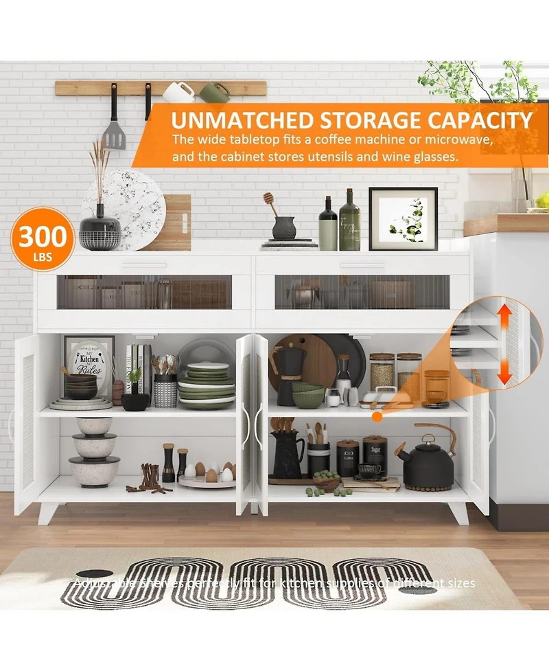 gaomon Farmhouse Rattan Storage Cabinet with Charging Station and Led Light, Heavy Duty Buffet