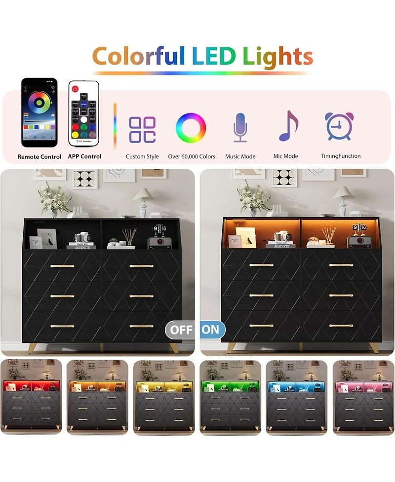 gaomon 6-Drawer Modern Dresser with Led Light, Charging Station, Storage Shelf, Gold Legs, 47" Cabinet for Bedroom, Living Room