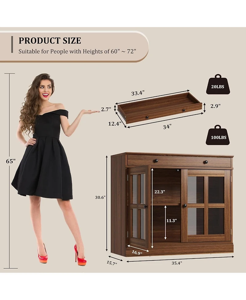 gaomon 35.4 Inch Walnut Sideboard Buffet Cabinet, Glass Door, Drawer Storage, Modern Dining Room, Kitchen Cabinet