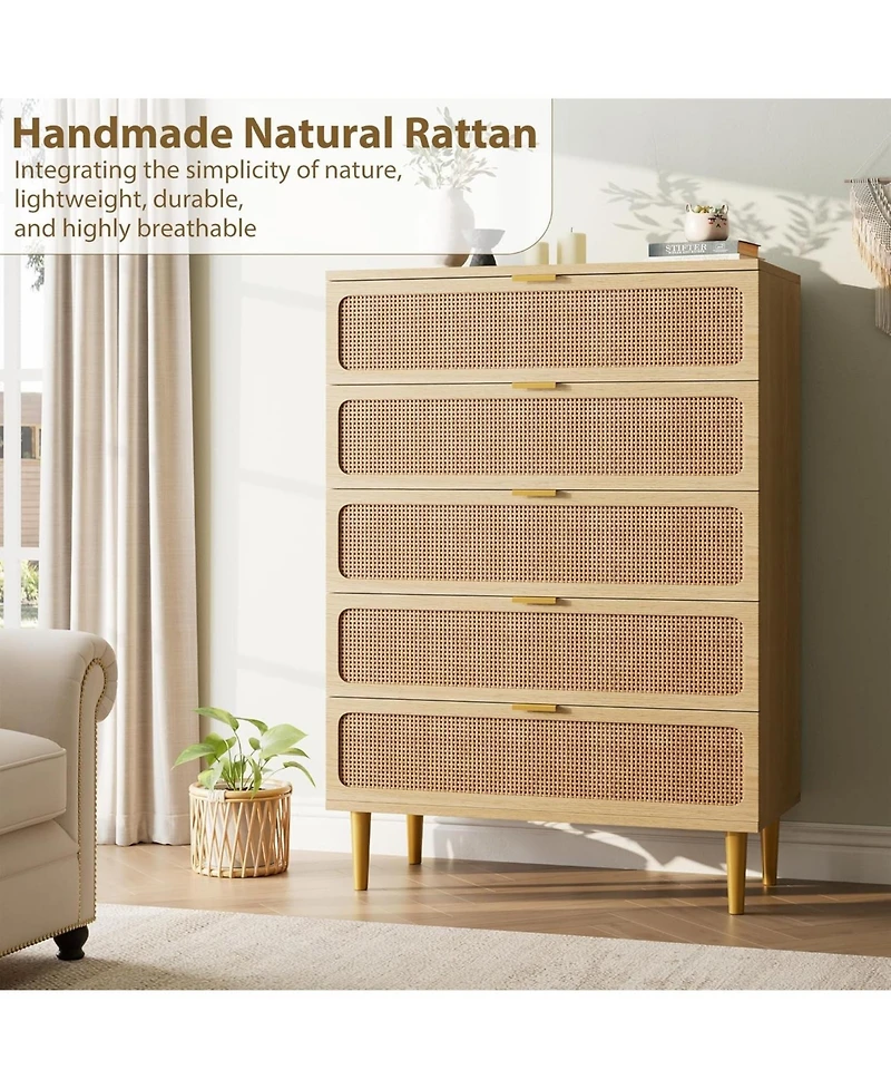 gaomon 5 Drawer Rattan Chest of Drawers with Deep Drawers, Modern Storage Cabinet Dresser