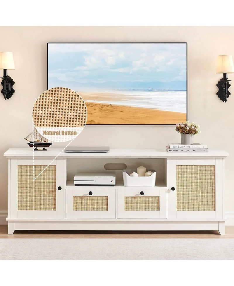 gaomon Rattan Tv Stand for 65/70 Inch Tv, Modern Media Console with 2 Drawers, 2 Cabinets and Adjustable Shelf