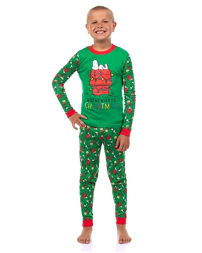 Peanuts Big Boys Snoopy Wake Me When It's Christmas Holiday 2PC Tight-Fit Pajama Set