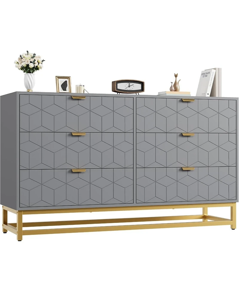 gaomon 53.5 Inch 6-Drawer Modern Dresser, Wide Chest with Gold Metal Legs & Handles, Storage for Bedroom, Living Room, Hallway, Grey