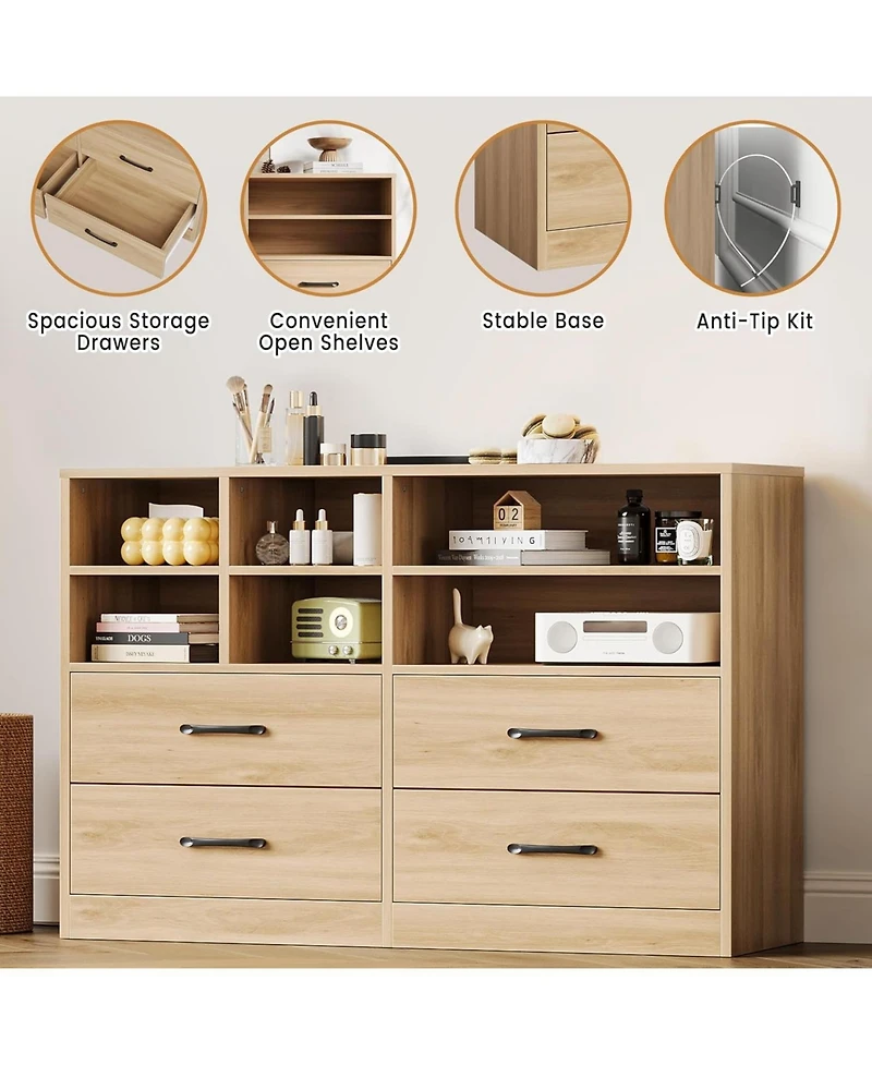 gaomon 47" 4-Drawer Wood Dresser with 6 Open Cubbies and Adjustable Storage, Modern Tv Stand