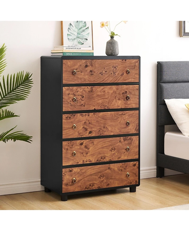 gaomon 5 Drawer Modern Dresser, Space-Saving Narrow Wood Chest with Curved Profile, Vintage Handles, Bedroom, Entryway