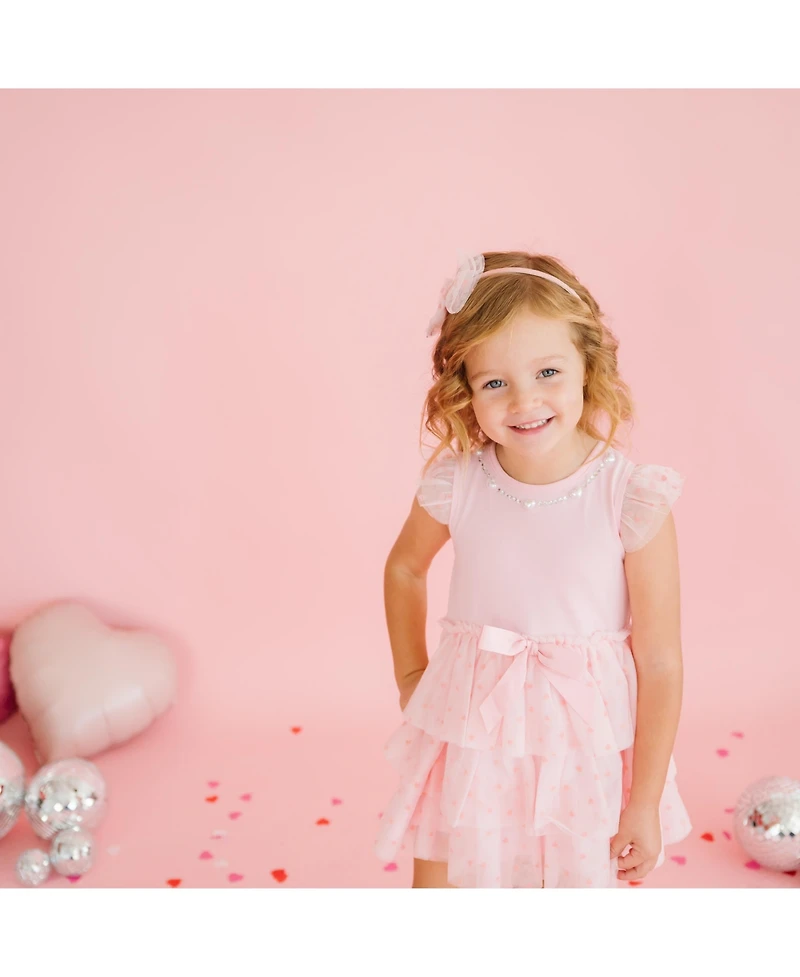 Sweet Wink Little Girls Flocked Heart Valentine's Day Tiered Short Sleeve Tutu Dress
