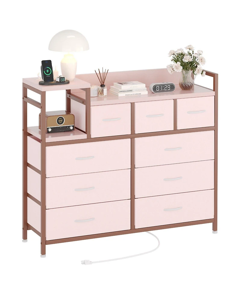 gaomon 9-Drawer Modern Dresser with Charging Station, Heavy-Duty Storage Chest, Power Cord, Bedroom, Living Room, Entryway