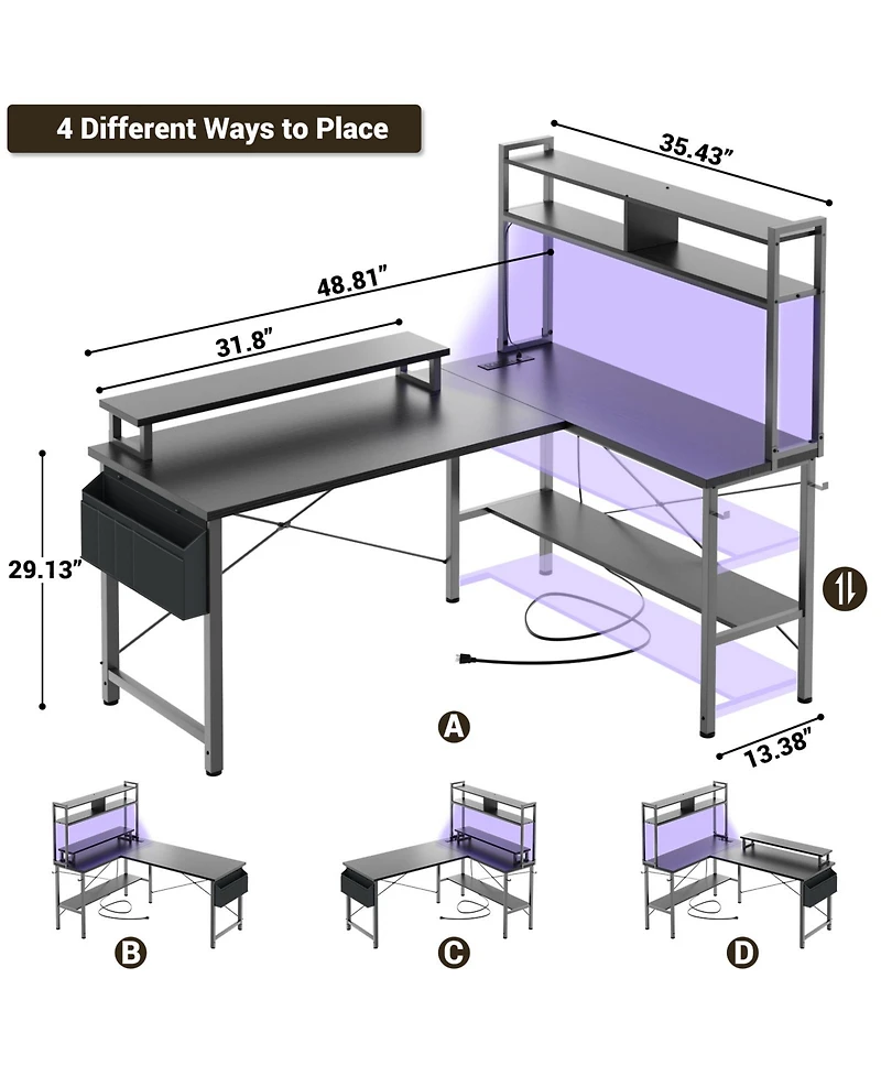 Aheaplus 49'' Reversible L Shaped Gaming Desk with Power Outlet and Led Lights, Corner Hutch & Monitor Stand
