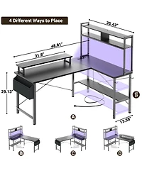 Aheaplus 49'' Reversible L Shaped Gaming Desk with Power Outlet and Led Lights, Corner Hutch & Monitor Stand
