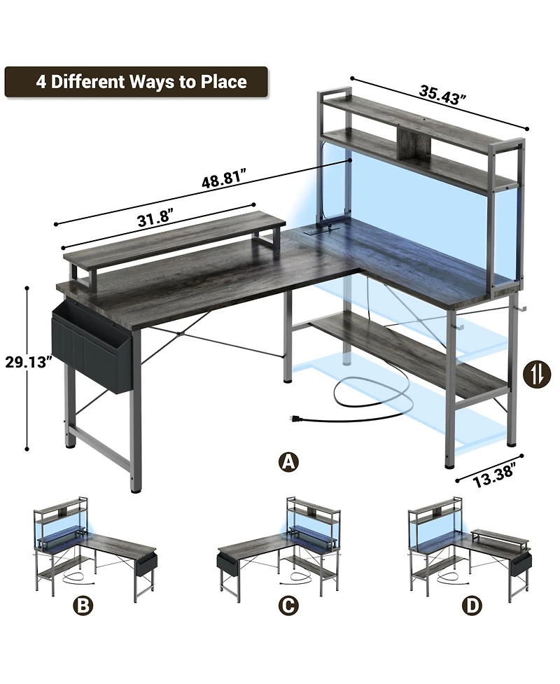 Aheaplus 49'' Reversible L Shaped Gaming Desk with Power Outlet and Led Lights, Corner Hutch & Monitor Stand