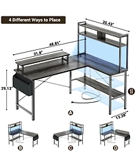 Aheaplus 49'' Reversible L Shaped Gaming Desk with Power Outlet and Led Lights, Corner Hutch & Monitor Stand