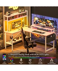 Aheaplus 49'' Reversible L Shaped Gaming Desk with Power Outlet and Led Lights, Corner Desk with Hutch & Monitor Stand