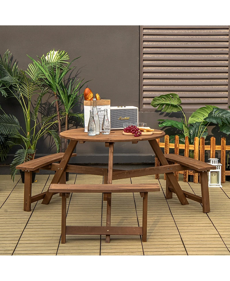 Costway 6-person Round Wooden Picnic Table Outdoor Table w/ Umbrella Hole & Benches