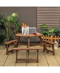 Costway 6-person Round Wooden Picnic Table Outdoor Table w/ Umbrella Hole & Benches