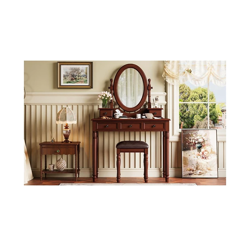 Streamdale Furniture Vanity Desk with Mirror, Cushioned Stool, 5 Drawers - Walnut