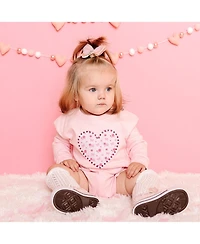 Sweet Wink Baby Girls Dainty Rose Pearl Heart Patch Long Sleeve Romper