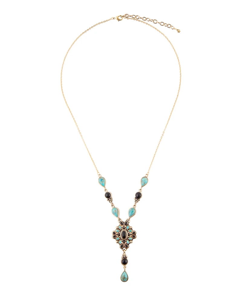 Barse Barcelona Black Onyx and Blue Turquoise Golden Y-Necklace