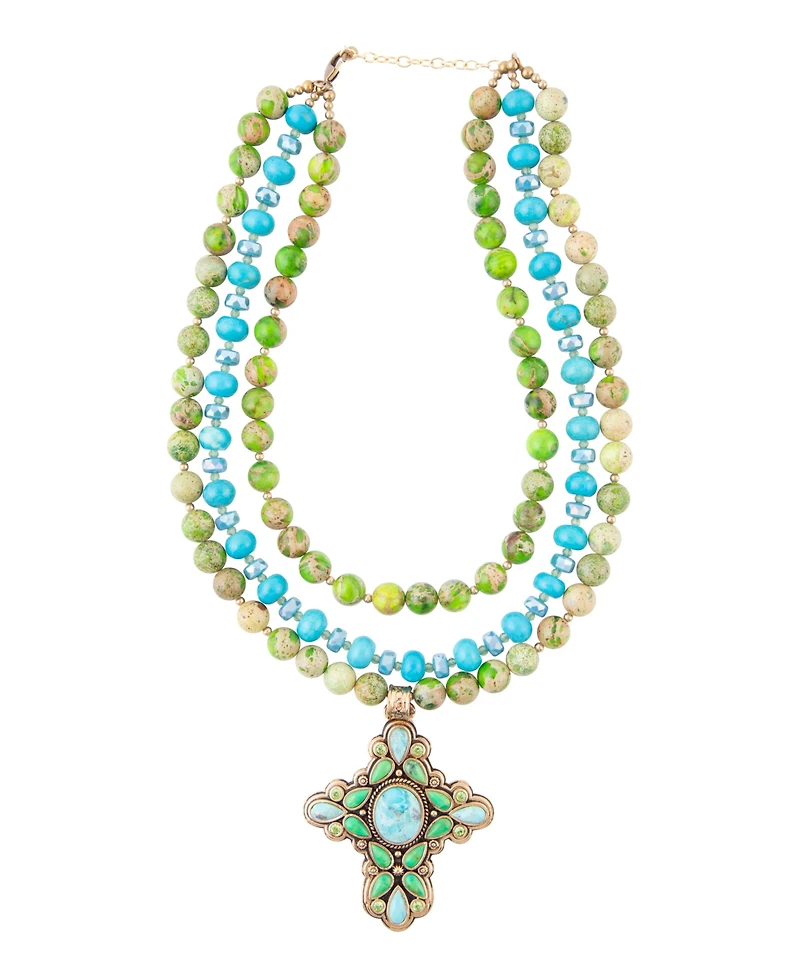 Barse Legacy Lime Green and Blue Turquoise Golden Cross Pendant Statement Necklace