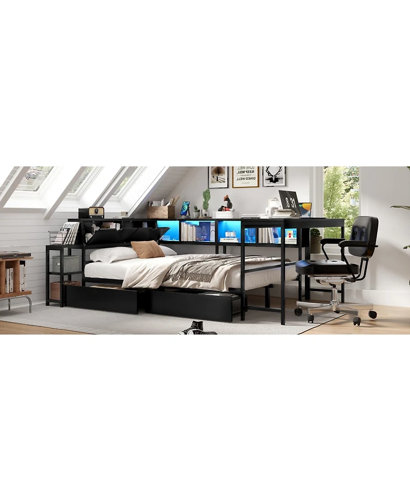 Streamdale Furniture Streamdale Twin Corner Bed Frame with Bookcase, Led, and Storage Drawers