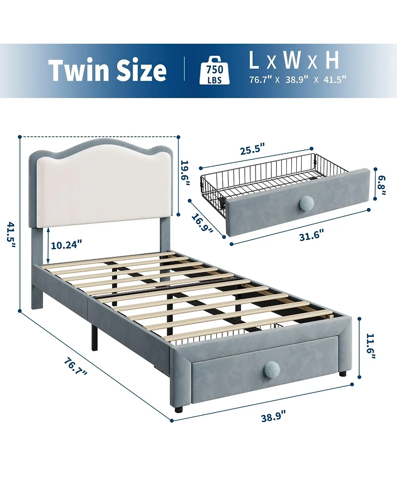 gaomon Upholstered Twin Bed Frame with Storage Drawer & Scallop Headboard, Princess Twin Size Platform Bed Frames