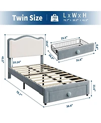gaomon Upholstered Twin Bed Frame with Storage Drawer & Scallop Headboard, Princess Twin Size Platform Bed Frames