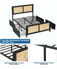 gaomon Full Size 4 Drawers, Woven Front, Led Lights, Black Mdf Frame Rattan Accent Storage Bed