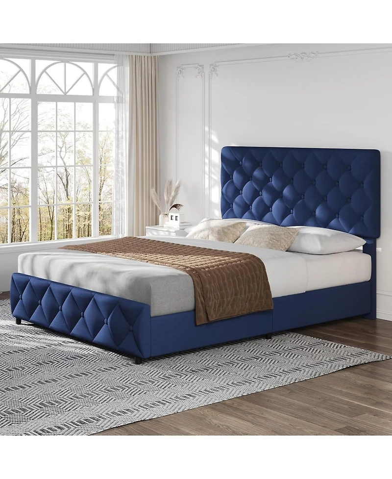 gaomon Full Size Bed Frame 4 Storage Drawers and Headboard Linen Upholstered Diamond Tufted Easy Assembly Noise-Free