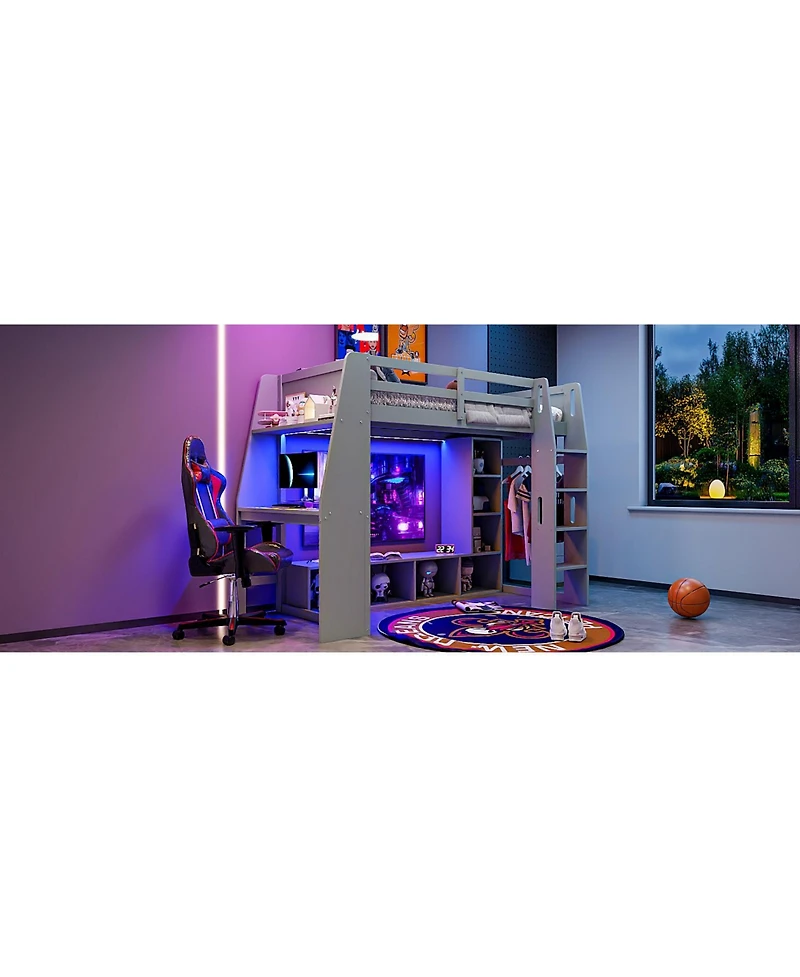 Flynama Gray Wood Twin Size Gaming Loft Bed w Built In Desk Storage Cabinets Hanging Clothes Rack Led Lighting Kids Teens Bedroom Furniture