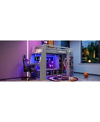 Flynama Gray Wood Twin Size Gaming Loft Bed w Built In Desk Storage Cabinets Hanging Clothes Rack Led Lighting Kids Teens Bedroom Furniture