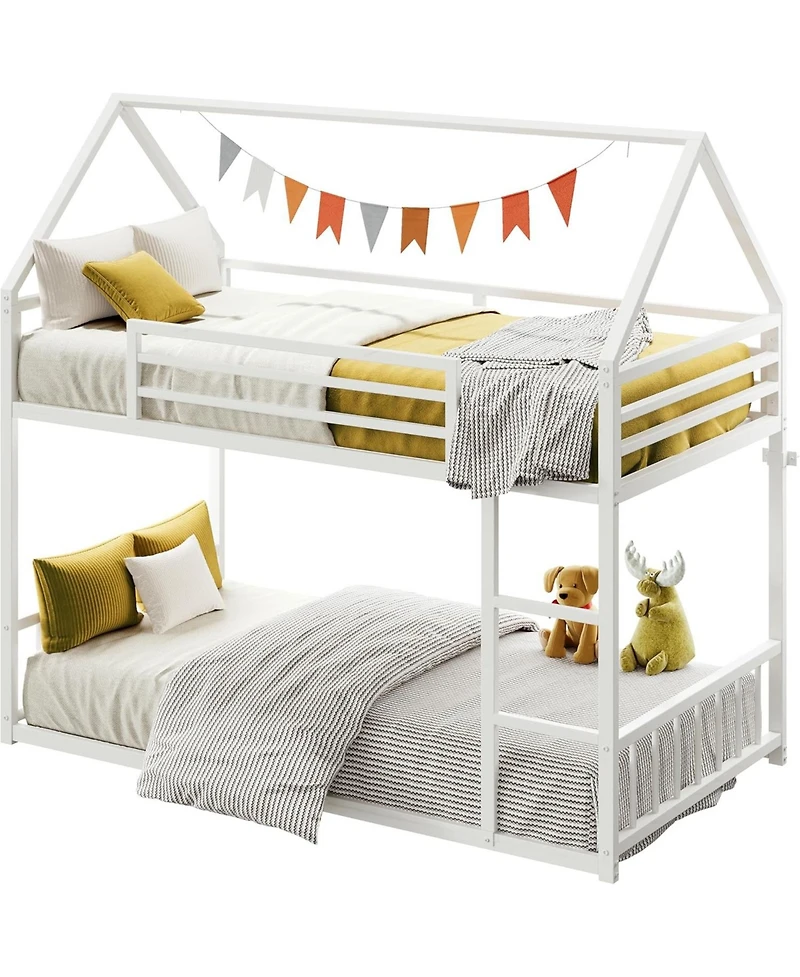 Likimio Bunk Bed Twin Xl Over Twin Xl, Metal Bunk Bed Frame with Ladder and Guardrail, House Shaped with Metal Slats for Dormitory and Bedroom