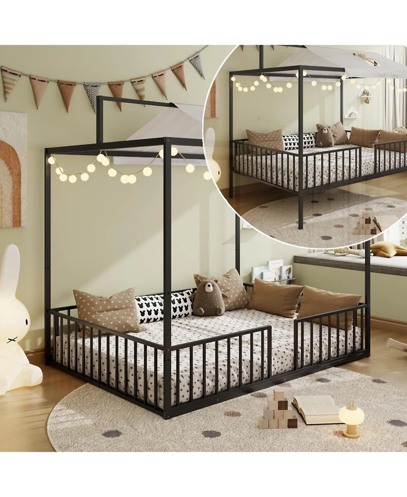 Streamdale Furniture 3-in-1 Convertible Montessori Metal Floor Bed, Fenced Toddler Bed, Canopy Platform
