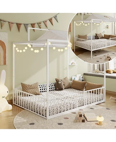 Streamdale Furniture 3-in-1 Convertible Montessori Metal Floor Bed, Fenced Toddler Bed, Canopy Platform