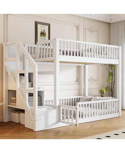 Streamdale Furniture Twin over Twin Floor Bunk Bed, Ladder with Storage