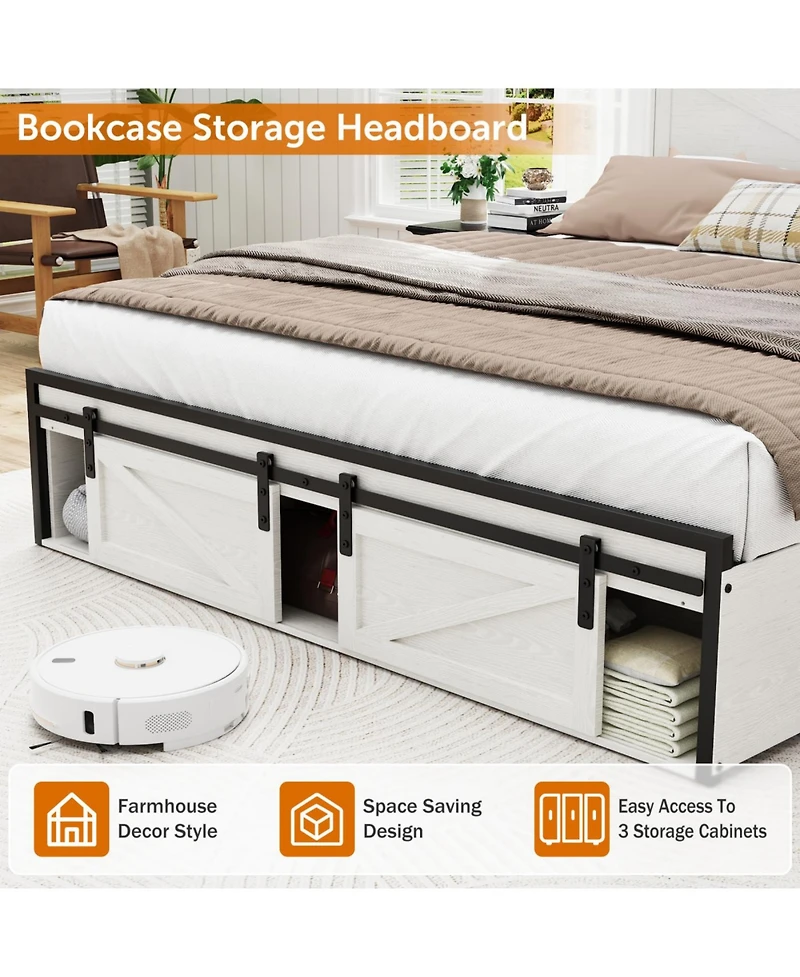 Streamdale Farmhouse Full Size Bed Frame with Storage Headboard, Charging Station & Led Lights, White