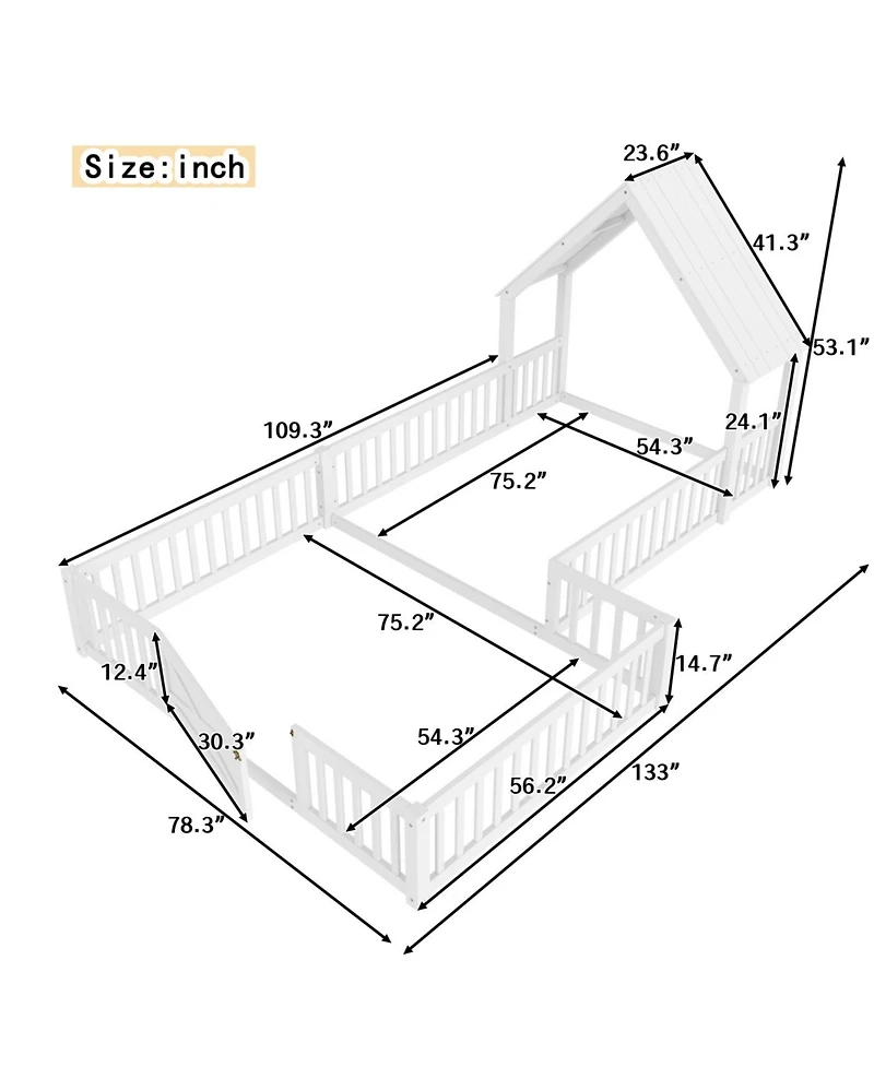 Streamdale Furniture Full Size House Floor Bed with Door & Guardrails