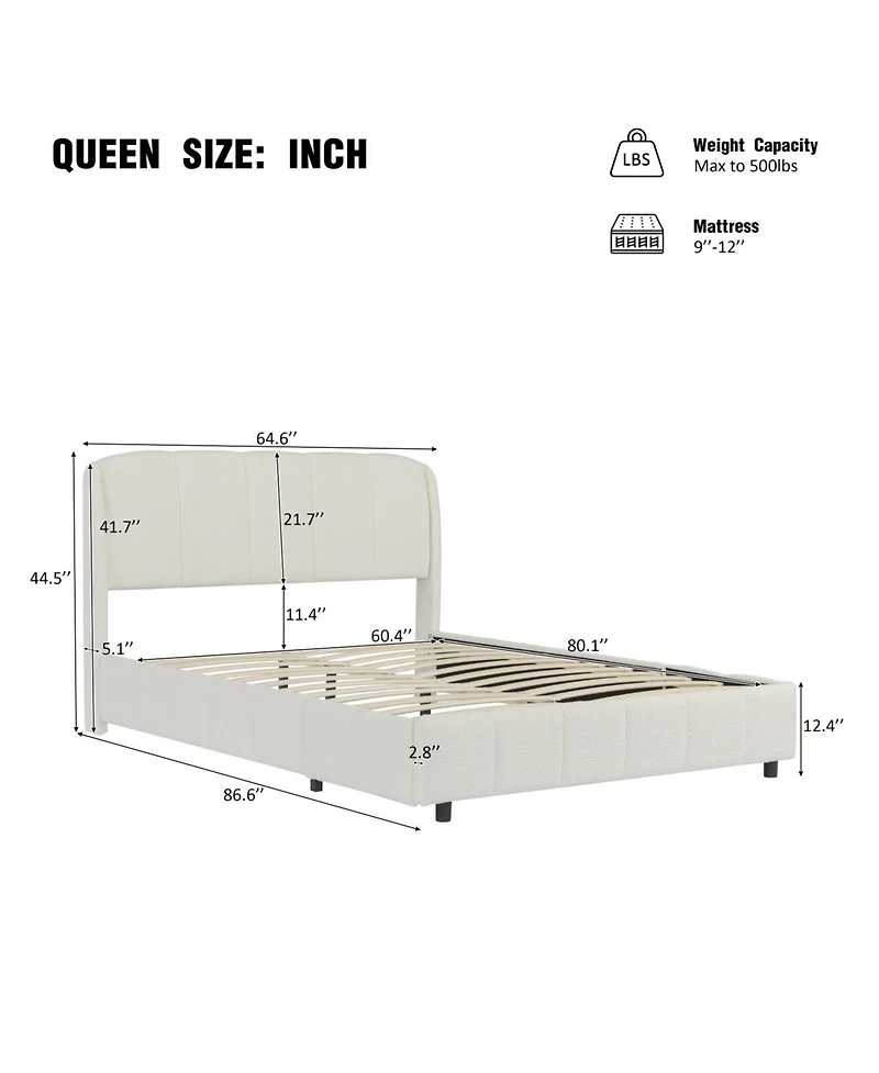 Streamdale Furniture Boucle Fabric Platform Bed with Curved Headboard