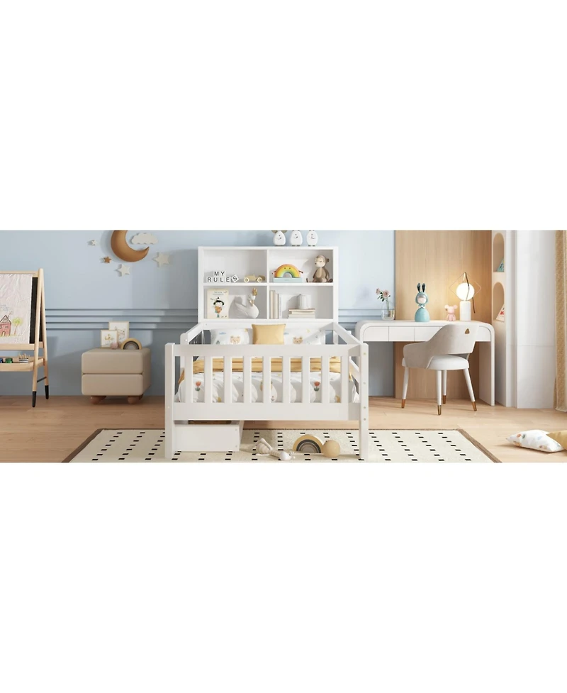 Streamdale Twin Platform Bed with Chalkboard, Storage, and Shelves, White